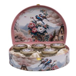 luxury round dry fruit gift box 5 jars with romantic birds & flowers design in pink & cream