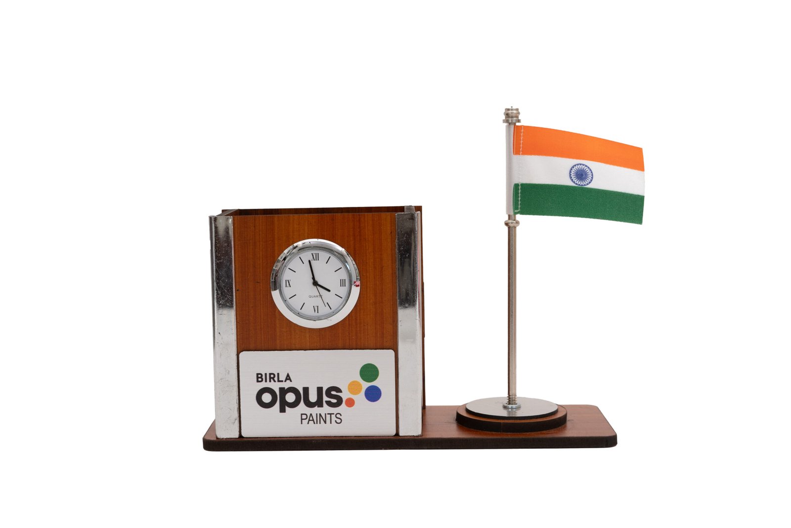 table clock with indian flag | wooden desk clock | custom logo table clock with indian flag | wooden desk clock | custom logo