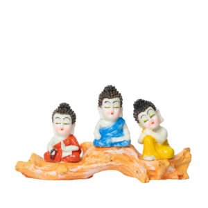 three baby buddha monks on wood branch colorful meditation figurine home decor