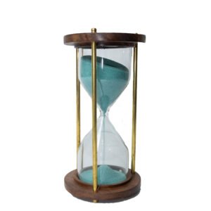 wooden hourglass timer with brass frame turquoise sand