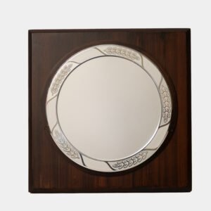 silver plate award plaque with dark wood frame laurel design