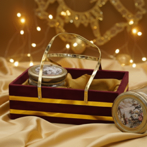 luxury velvet gift basket with 2 designer glass jars – festive dry fruit & sweet hamper