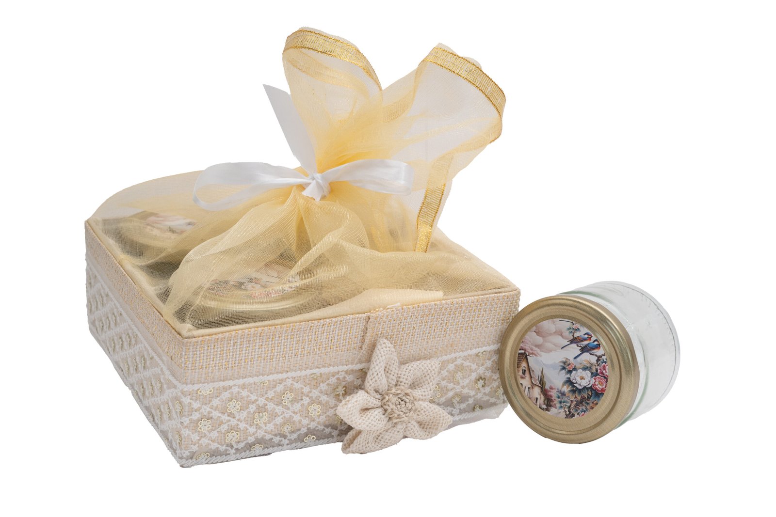 wedding hamper basket: gold lace gift box with jar wedding hamper basket: gold lace gift box with jar