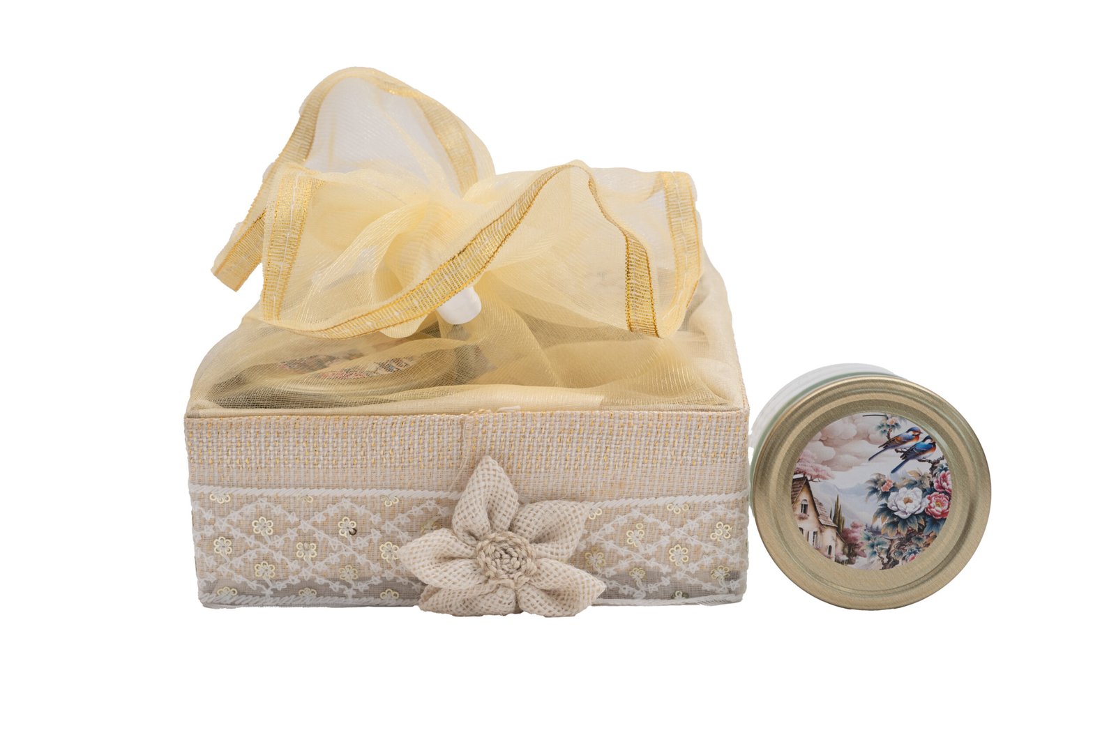 wedding hamper basket: gold lace gift box with jar wedding hamper basket: gold lace gift box with jar