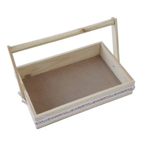 wooden gift basket with handle and floral lace trim