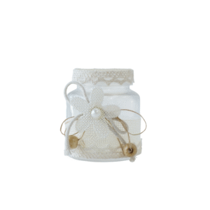 decorative glass jar wedding favor with lace and pearl embellishments